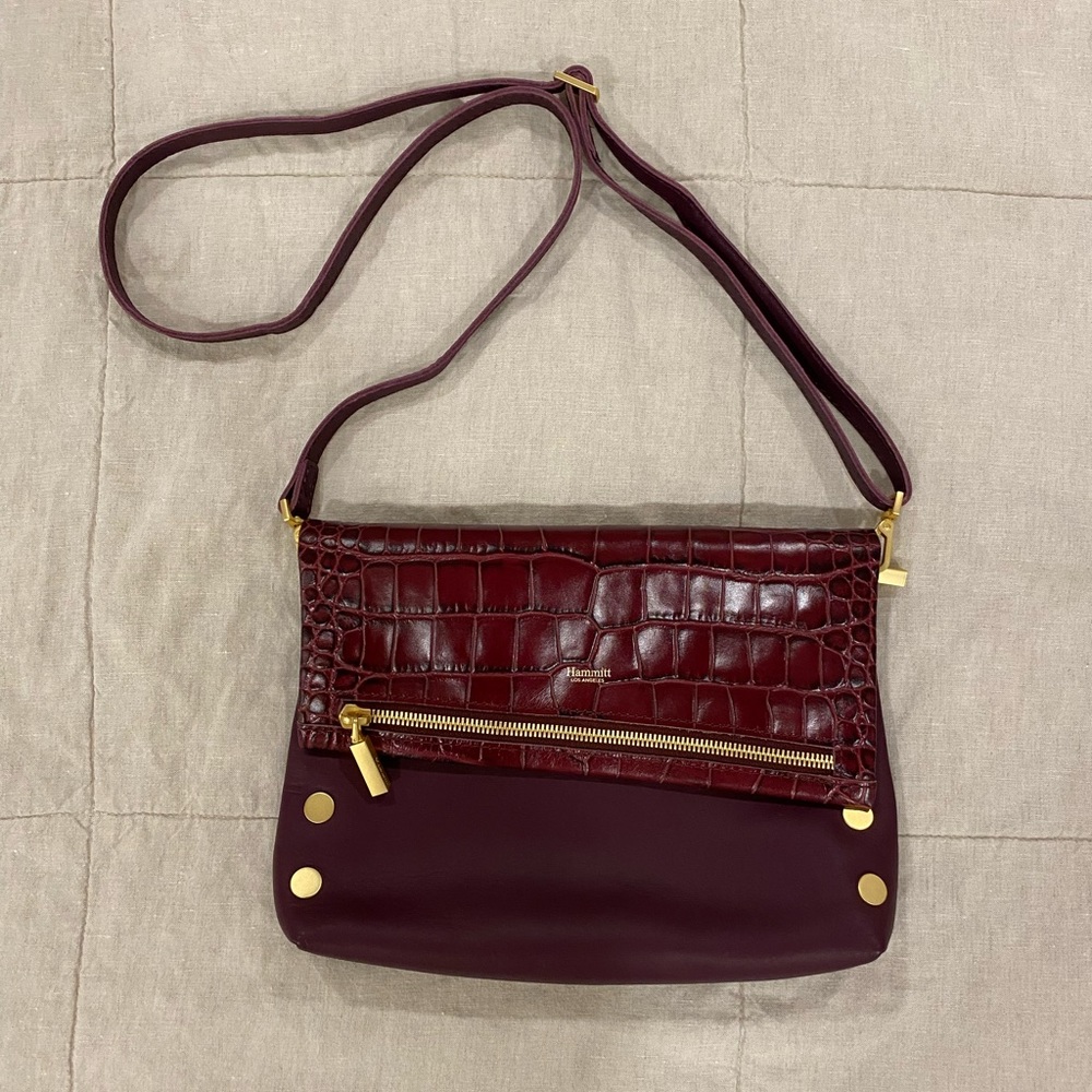Hammitt VIP Medium Zippered Leather Crossbody Clutch Purple Alligator Skin